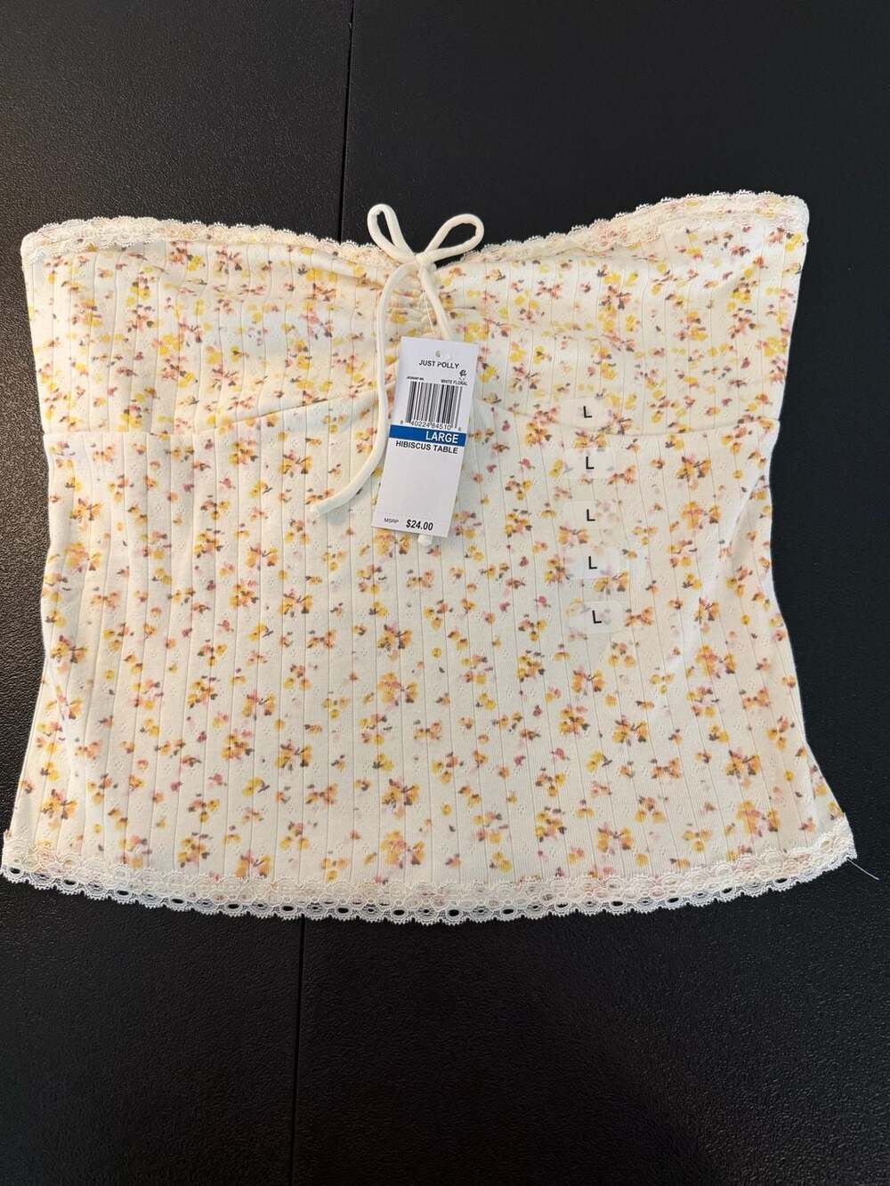 Just Polly New York Floral Print Ribbed Bandeau Top with Front Tie and Lace Trim - Picture 5 of 6